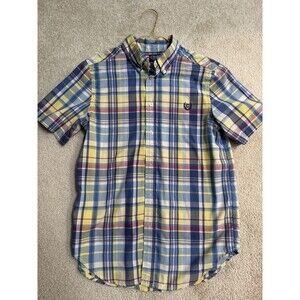Chaps Boys Short Sleeve Button Down Shirt Large (14/16) Blue Yellow Red Plaid‎